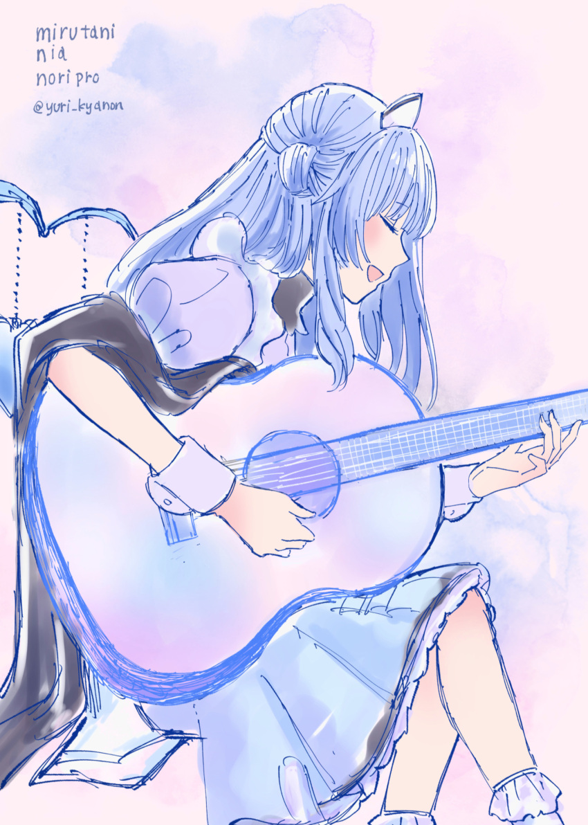 1girl acoustic_guitar blue_hair blue_skirt character_name closed_eyes commentary_request copyright_name feet_out_of_frame from_side guitar hat highres instrument long_hair mirutani_nia music noripro nurse_cap open_mouth playing_guitar profile purple_shirt shirt singing sitting skirt solo virtual_youtuber watercolor_background yuri_kyanon