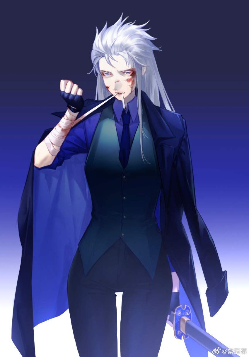 1girl bandages black_gloves blood blood_on_face blue_coat blue_eyes coat devil_may_cry_(series) fingerless_gloves genderswap genderswap_(mtf) gloves hair_slicked_back highres holding holding_sword holding_weapon katana long_hair solo sword vergil_(devil_may_cry) weapon weibo_2929299473 white_hair yamato_(sword)