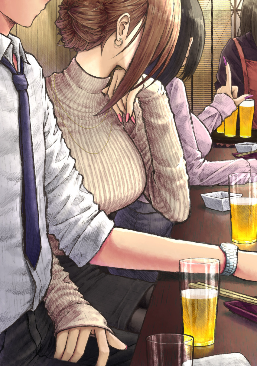 1boy 3girls absurdres alcohol apron aramachi beer black_hair breasts brown_hair commentary_request fingernails formal grey_sweater hand_on_another's_thigh highres large_breasts looking_at_another multiple_girls nail_polish original purple_shirt red_apron restaurant ribbed_sweater shirt sweater