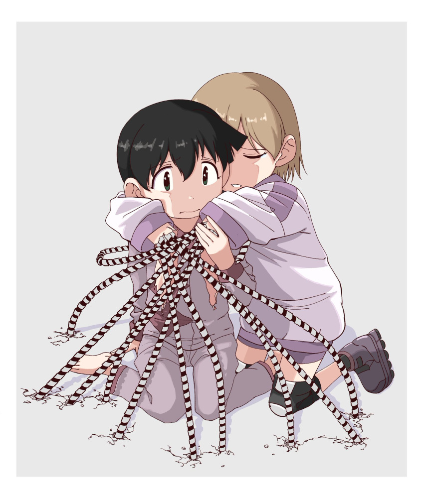 alien_nine barefoot black_eyes black_hair border brown_hair closed_eyes closed_mouth crack cracked_floor grey_background grey_pants grey_shirt gym_uniform hand_on_another's_arm highres hug hug_from_behind inline_skates kawamura_kumi knee_pads kneeling long_sleeves mitsuo252 nervous ootani_yuri open_mouth pajamas pants purple_shirt roller_skates shirt short_hair simple_background sitting skates spoilers tentacle_arm tentacles wariza white_border