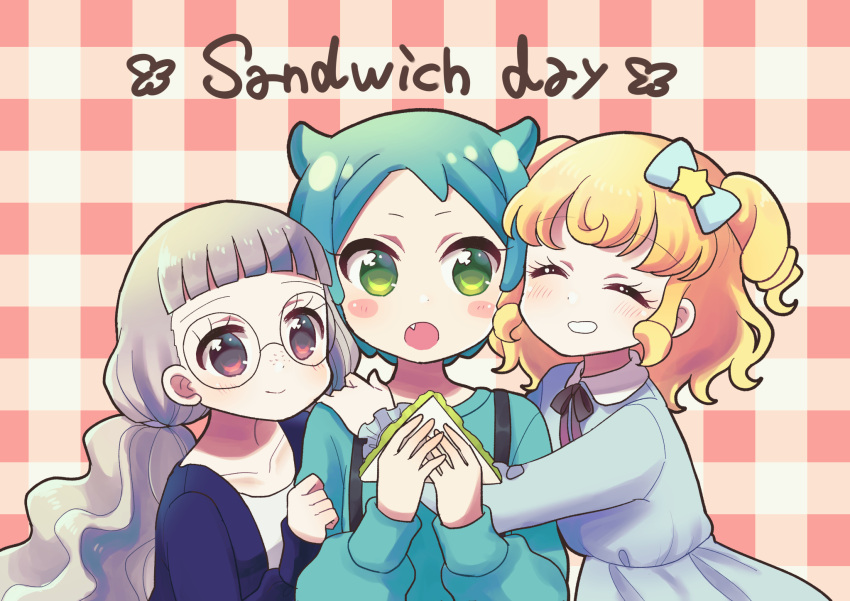 3girls :o ^_^ black_ribbon blonde_hair blue_bow blue_cardigan blue_dress blue_hair blue_sweater blunt_bangs bow cardigan closed_eyes closed_mouth collared_dress commentary_request dress fang food freckles girl_sandwich glasses green_eyes grey_hair hair_bow hair_horns hand_on_another's_arm hand_on_another's_shoulder hands_up highres holding holding_food hug idol_time_pripara koda_michiru koyoshi_yoko long_hair long_sleeves looking_at_another low_twintails multiple_girls neck_ribbon nijiiro_nino open_mouth pretty_series pripara red_background ribbon ringlets sandwich sandwiched shirt short_hair smile star_(symbol) suspenders sweater twintails two_side_up upper_body wavy_hair white_shirt yumekawa_yui