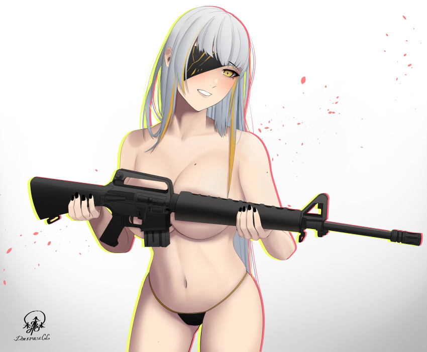 assault_rifle breasts darkpulsegg eyepatch girls'_frontline gun highres holding holding_gun holding_weapon large_breasts long_hair looking_at_viewer m16 m16a1 m16a1_(boss)_(girls'_frontline) m16a1_(girls'_frontline) mole mole_under_eye multicolored_hair nude open_mouth rifle scar solo weapon white_hair yellow_eyes