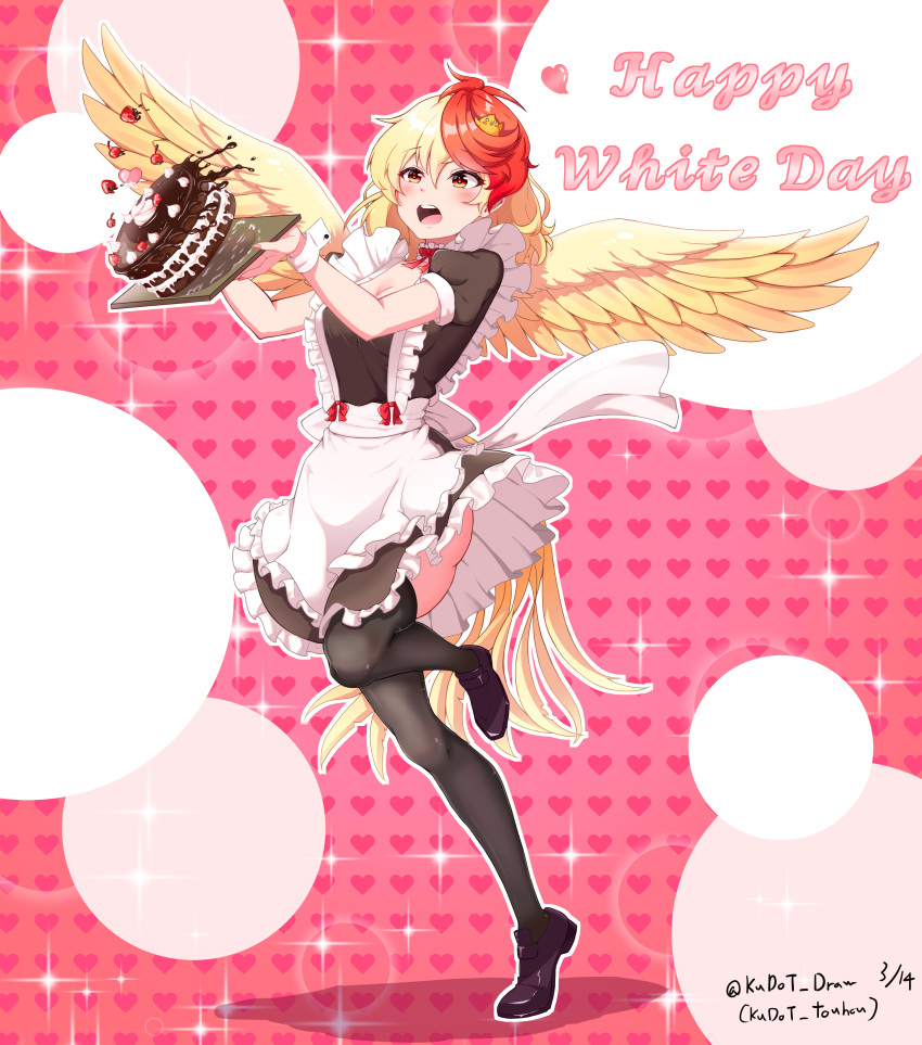 1girl absurdres animal_on_head apron bird bird_on_head bird_wings black_thighhighs blonde_hair breasts cake cleavage dress english_text feathered_wings food frilled_apron frilled_dress frills full_body highres holding holding_cake holding_food ldschem16 maid multicolored_hair niwatari_kutaka on_head open_mouth orange_eyes pink_background puffy_short_sleeves puffy_sleeves red_hair short_hair short_sleeves solo standing standing_on_one_leg thighhighs touhou two-tone_hair white_day wings yellow_wings