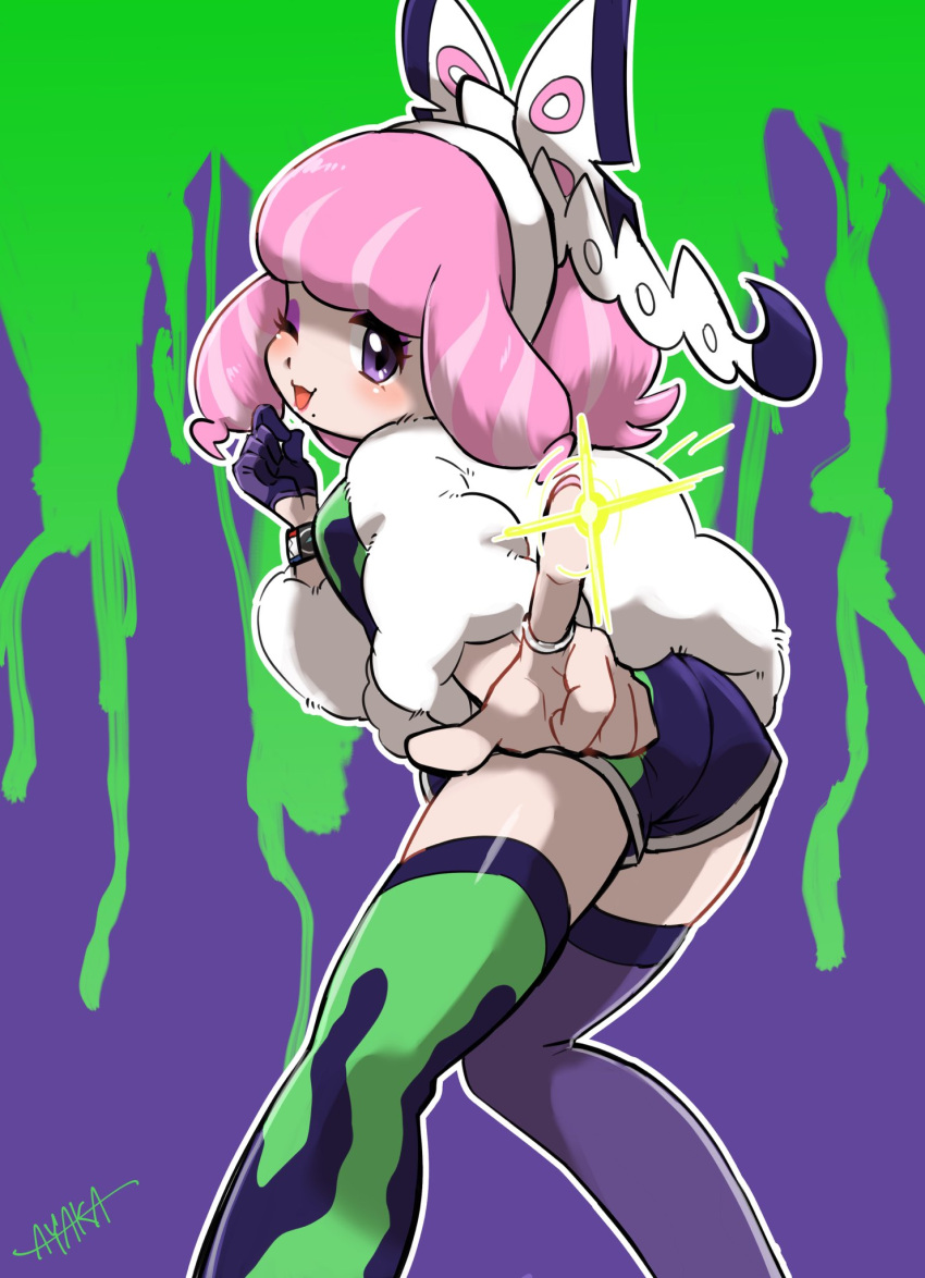 1girl artist_name ass asymmetrical_legwear ayakadegozans breasts drill_hair dynamax_band eyeshadow flipped_hair fur_jacket gloves hairband highres index_finger_raised jacket jewelry klara_(pokemon) knees_together_feet_apart makeup medium_breasts mismatched_legwear mole mole_under_mouth one_eye_closed pink_eyeshadow pink_hair pink_lips pointing pointing_at_viewer pokemon pokemon_swsh print_shirt print_shorts print_thighhighs purple_eyes ring shaded_face shirt short_hair shorts side_slit side_slit_shorts single_glove solo thighhighs twin_drills white_hairband white_jacket