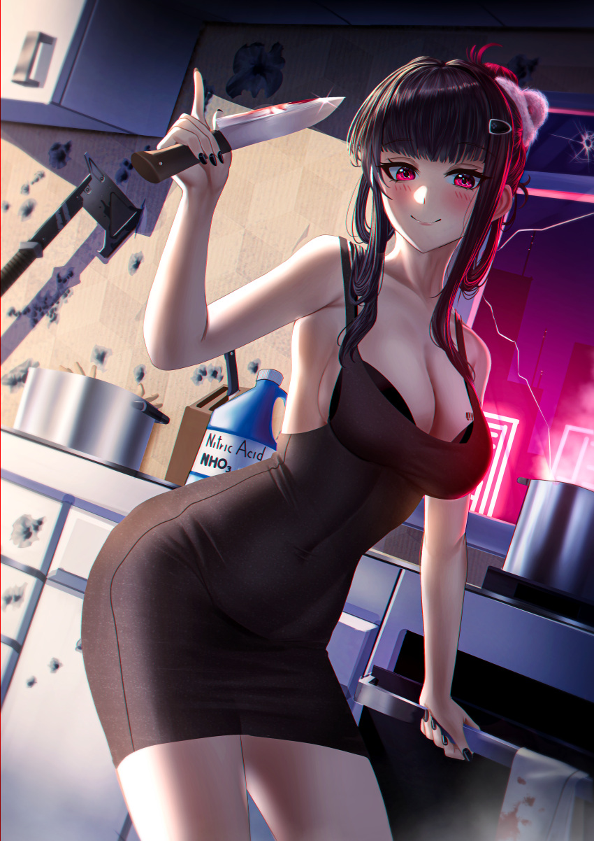 1girl absurdres axe barcode barcode_tattoo bare_shoulders black_bra black_hair black_nails blood blood_on_knife blush bra breast_tattoo breasts bullet_hole covered_navel d_(killer_wife)_(nikke) d_(nikke) dongtan_dress dress goddess_of_victory:_nikke grey_dress hair_ornament hair_rings hairclip highres holding holding_knife indoors kitchen knife large_breasts leaning_forward long_hair looking_at_viewer manjo_(warito) meme_attire oven pencil_dress red_eyes short_dress sidelocks smile solo tattoo underwear window