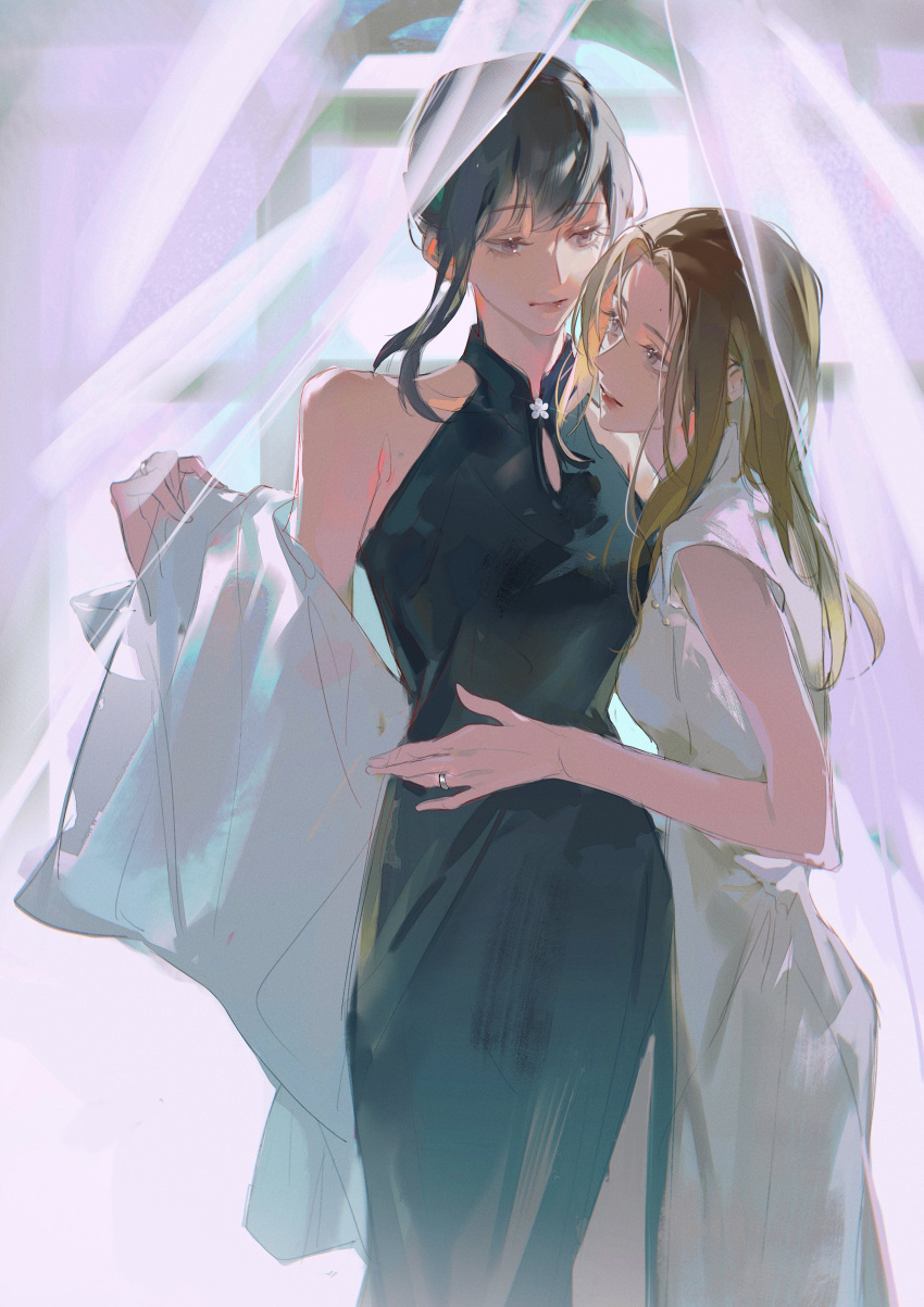 2girls absurdres bare_arms bare_shoulders black_dress black_hair blush breasts brown_hair chaser_game_w couple dress earrings harumoto_itsuki hayashi_fuyu highres jewelry long_hair looking_at_another multiple_girls parted_lips red_lips sleeveless sleeveless_dress smile wife_and_wife yoohu6 yuri