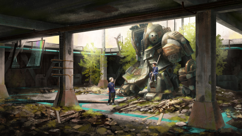 2boys absurdres arseniy_sanarov black_hair black_pants blue_pants blue_shirt broken_screen english_commentary grey_footwear highres holding holding_stick indoors mecha multiple_boys original overgrown pants robot scenery science_fiction shirt sitting smile stick titanfall_(series) tree window