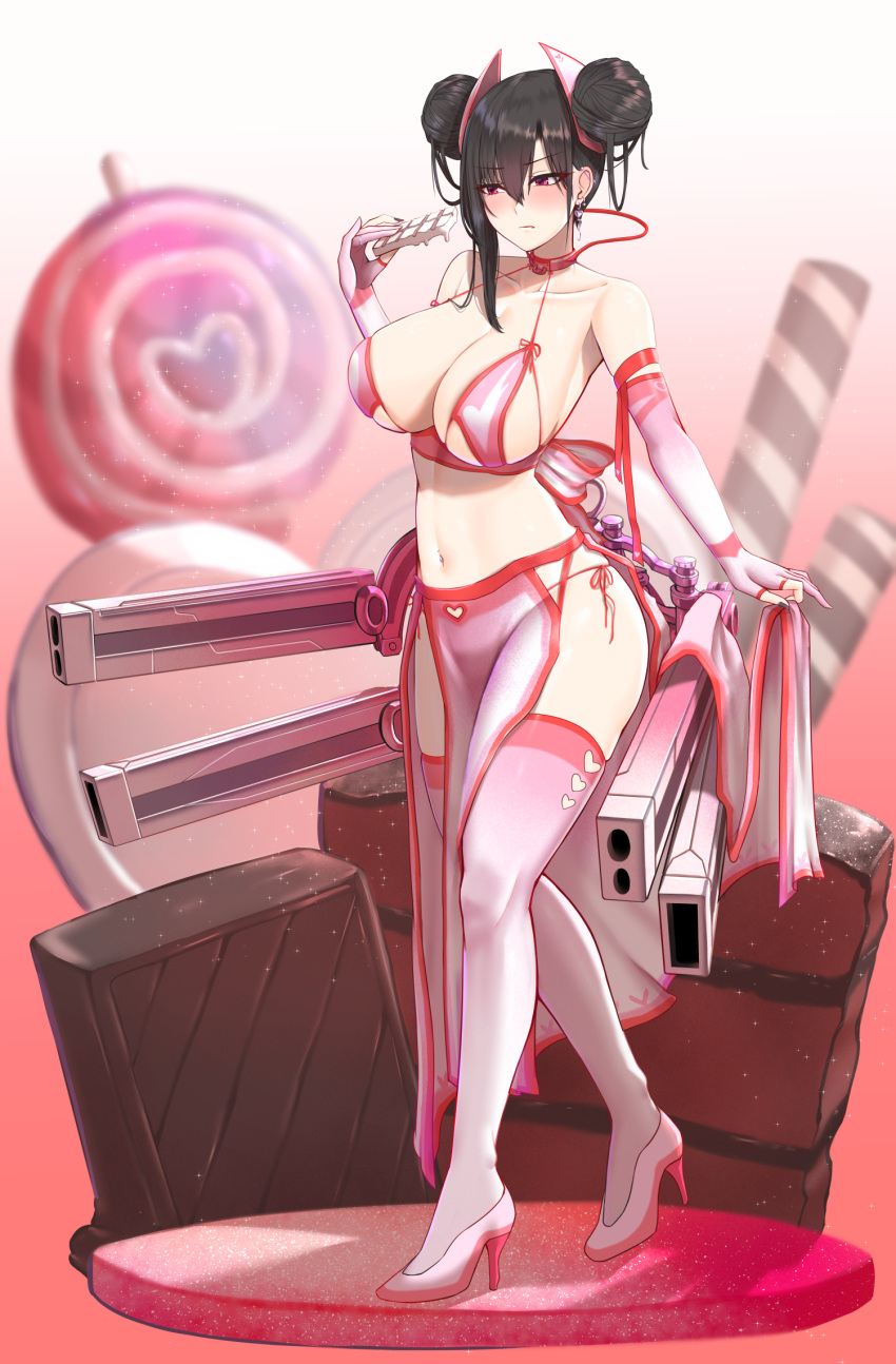 1girl agent_(girls'_frontline) bare_shoulders black_hair black_nails breasts chocolate collarbone double_bun earrings elbow_gloves fingernails food full_body girls'_frontline gloves hair_between_eyes hair_bun high_heels highres holding holding_food jewelry large_breasts melting nail_polish navel navel_piercing parted_lips piercing popoman revealing_clothes ring solo sparkle