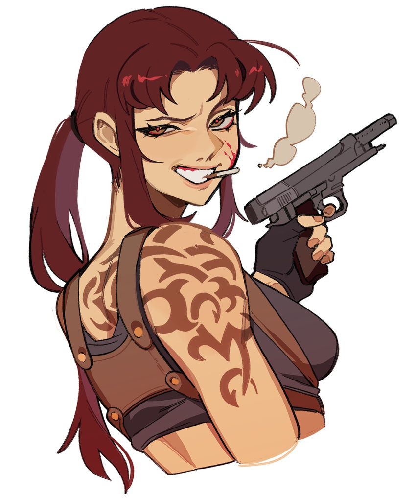 1girl back_tattoo black_lagoon black_sports_bra blood blood_on_face brown_eyes cigarette from_behind from_side frown grin gun handgun highres holding holding_gun holding_weapon long_hair looking_at_viewer looking_back parted_bangs ponytail porqueloin red_hair red_pupils revision revy_(black_lagoon) shoulder_tattoo sidelocks simple_background smile smoke_trail smoking solo sports_bra tattoo upper_body weapon white_background