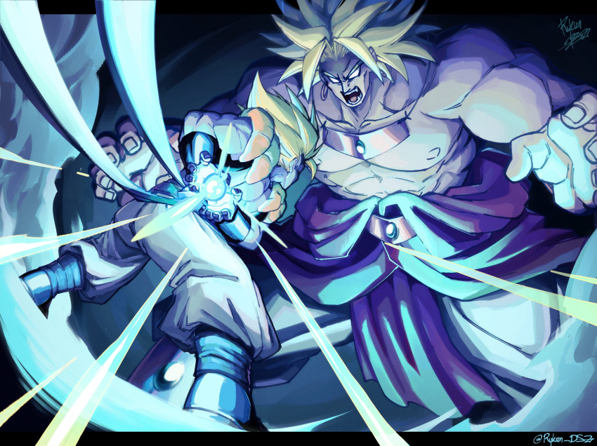 2boys aura black_vest blonde_hair broly_(dragon_ball_z) dark_background dragon_ball dragon_ball_z energy fangs from_behind from_below gogeta highres kamehameha_(dragon_ball) medium_hair multiple_boys muscular muscular_male no_pupils open_mouth pants powering_up rykun_dsz signature spiked_hair super_saiyan super_saiyan_1 teeth topless vest white_pants