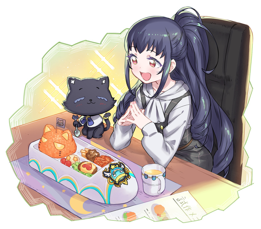 1girl :d bento black_cat black_dress blue_hair cat chair cherry_tomato commentary_request cup dress elbows_on_table food_request grey_shirt kagayaki_eve kiratto_pri_chan lettuce long_hair long_sleeves luluna_(pri_chan) mug murakami_hisashi open_mouth own_hands_together ponytail pretty_series red_eyes shirt sidelocks sitting smile solo steepled_fingers table tomato upper_body very_long_hair white_background