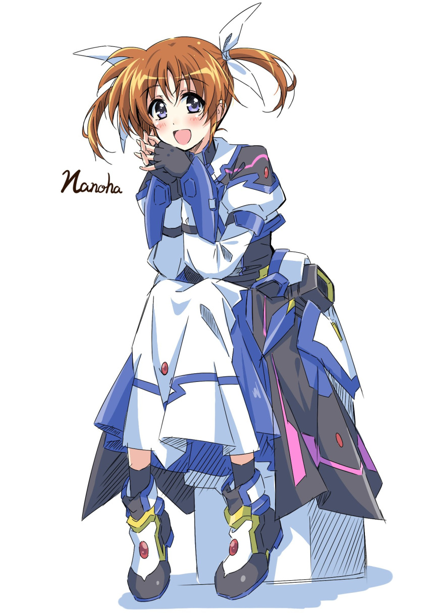 1girl armor armored_dress black_gloves brown_hair dress fingerless_gloves gloves hair_ribbon highres long_sleeves looking_at_viewer lyrical_nanoha magical_girl mahou_shoujo_lyrical_nanoha_detonation open_mouth purple_eyes ribbon sitting smile solo takamachi_nanoha takamachi_nanoha_(formula_ii) twintails white_dress white_ribbon yorousa_(yoroiusagi)