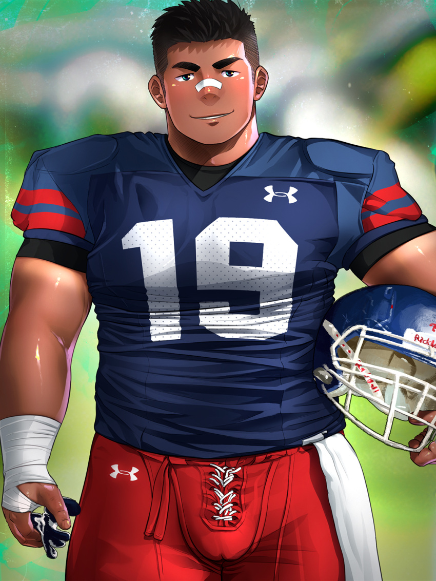 1boy american_football_helmet american_football_uniform artisticjinsky bad_id bad_twitter_id bara bulge cowboy_shot cross-laced_clothes cross-laced_legwear dark-skinned_male dark_skin helmet highres large_pectorals looking_at_viewer male_focus muscular muscular_male original pectorals short_hair solo sportswear standing strongman_waist tan thick_eyebrows