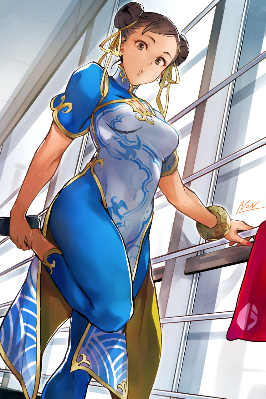 1girl absurdres black_hair blue_dress bracelet breasts china_dress chinese_clothes chun-li cleavage_cutout clothing_cutout covered_navel dress fingernails hair_bun highres holding jewelry kujou_non lips looking_at_viewer looking_down makeup nail_polish official_alternate_costume open_mouth solo street_fighter street_fighter_6 stretching surprised sweat teeth thighs