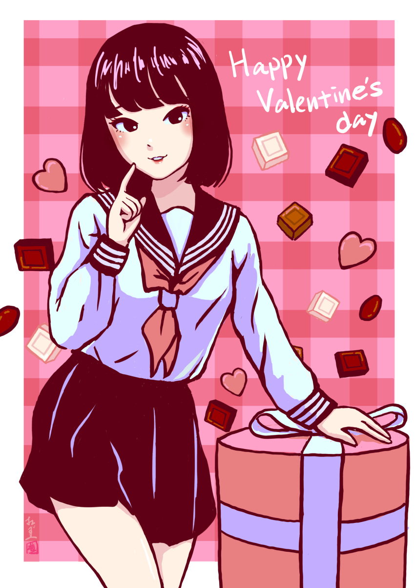 1girl absurdres b1a3beb0d9 black_hair black_skirt blunt_bangs chocolate finger_to_cheek gift happy_valentine highres lipstick makeup original sailor school_uniform serafuku short_hair skirt smile uniform upper_body valentine