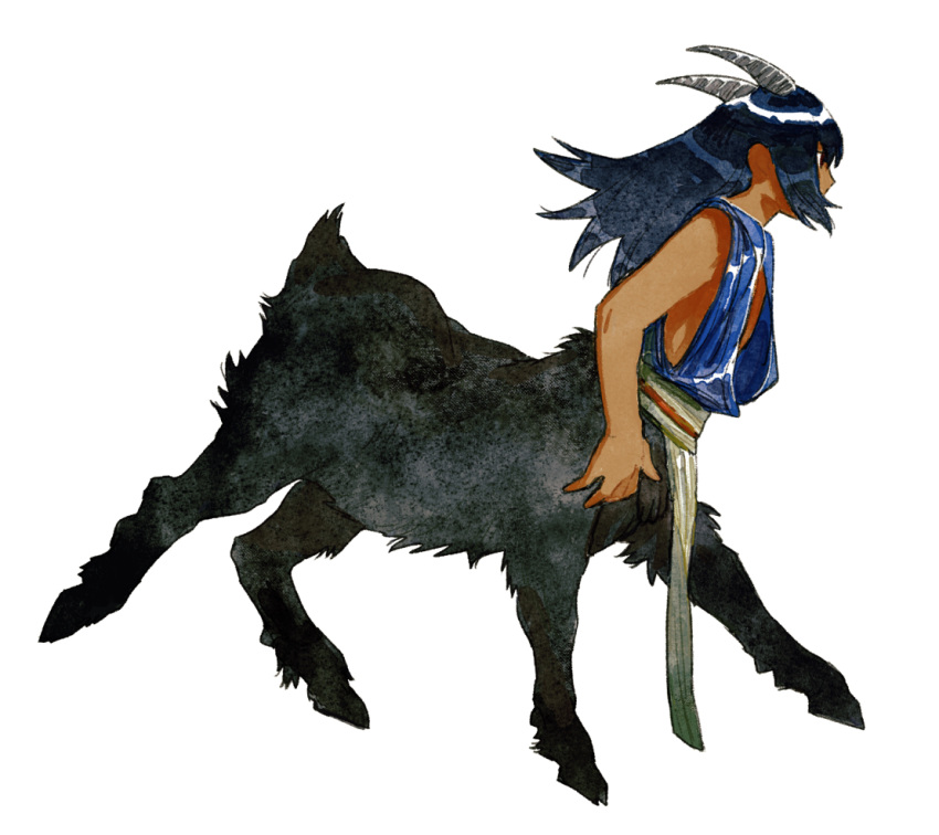 1boy black_fur black_hair centauroid dark-skinned_male dark_skin full_body goat_boy goat_horns goat_tail grey_horns hooves horns long_hair looking_to_the_side male_focus monster_boy original pelvic_curtain running sabyap sidelocks simple_background solo taur watercolor_effect white_background