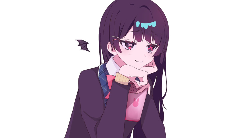 1girl :d black_eyes black_jacket blazer blue_jacket cellphone collared_shirt demon_wings grin hands_on_own_cheeks hands_on_own_face head_rest highres holding holding_phone jacket long_hair looking_at_viewer mamenae mini_wings nijisanji open_mouth phone pixel_art purple_hair school_uniform shirt sidelocks simple_background smartphone smile solo straight_hair symbol-shaped_pupils teeth tsukino_mito two-sided_fabric two-sided_jacket upper_body white_background white_shirt wings x-shaped_pupils