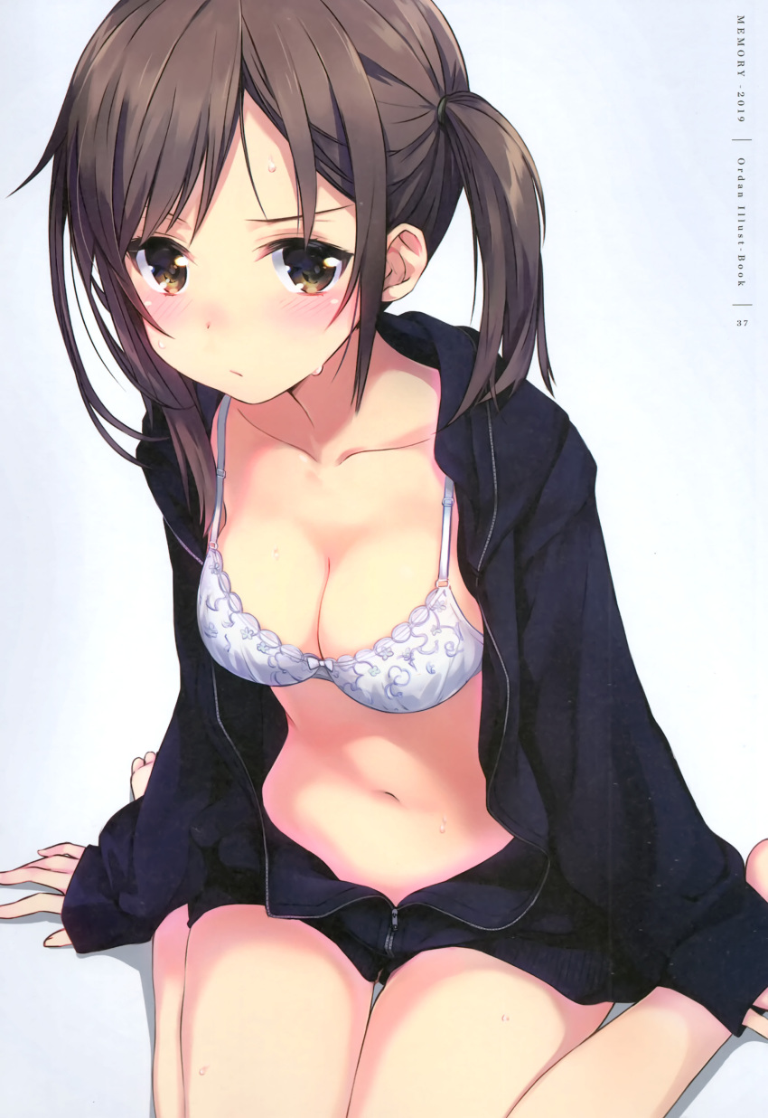 1girl absurdres amagai_tarou bare_legs barefoot black_jacket blush bra breasts brown_eyes brown_hair cleavage closed_mouth collarbone highres hood hoodie jacket large_breasts long_sleeves looking_at_viewer navel non-web_source open_clothes open_jacket original simple_background sitting sleeves_past_wrists solo stomach sweat twintails underwear unzipped wariza white_bra