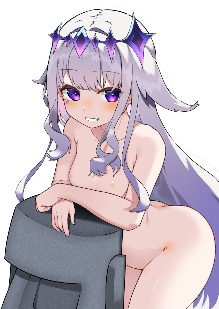 1girl absurdres blush breasts collarbone crown face_jewel gem gem_hair_ornament hair_flaps highres hololive hololive_english jewel_under_eye koseki_bijou long_hair looking_at_viewer moai moai_(koseki_bijou) nipples nude purple_eyes purple_hair small_breasts solo virtual_youtuber white_background zonzu