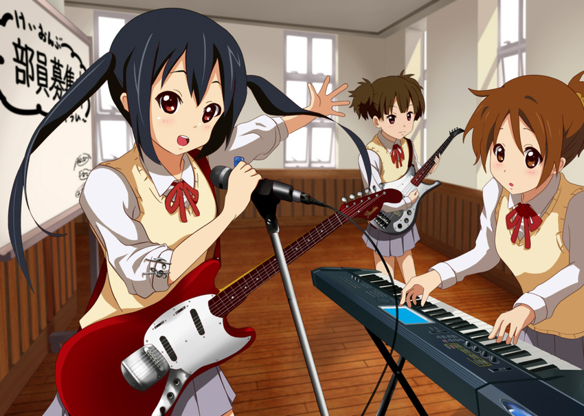 band bass_guitar black_hair brown_eyes brown_hair electric_guitar guitar highres hirasawa_ui instrument k-on! long_hair multiple_girls nakano_azusa natu_(natu-tobira) neck_ribbon plectrum ponytail red_ribbon ribbon school_uniform short_hair suzuki_jun synthesizer twintails