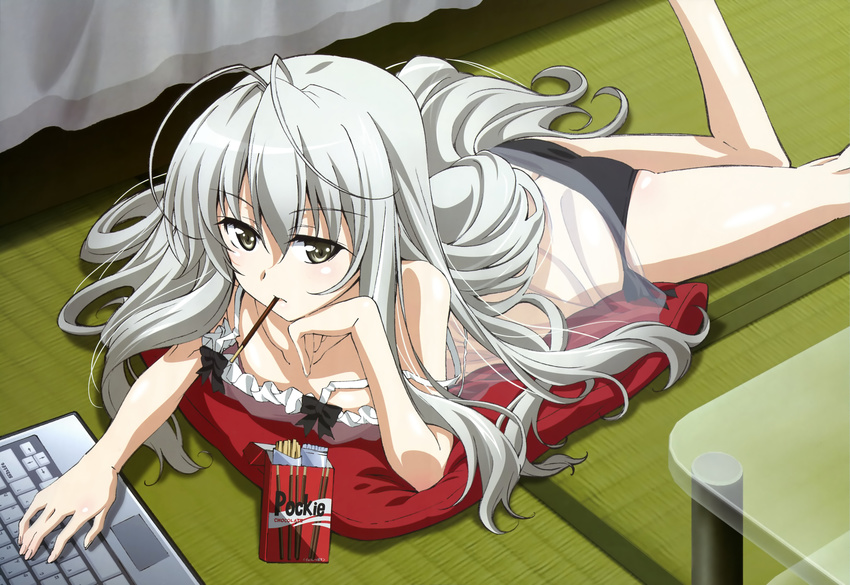 absurdres ahoge antenna_hair chemise computer downblouse food highres kamimoto_kanetoshi kasugano_sora laptop lingerie long_hair lying mouth_hold nyantype official_art on_stomach panties pillow pinup pocky silver_hair solo strap_slip table underwear very_long_hair yosuga_no_sora