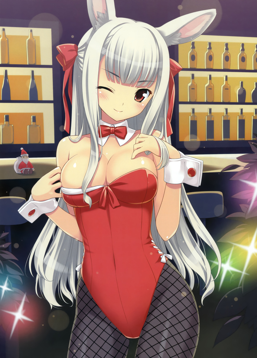 absurdres amano_yuu animal_ears bangs bar bare_shoulders blunt_bangs blush breasts bunny_ears bunnysuit cleavage copyright_request fishnet_pantyhose fishnets hair_ribbon highres image_sample large_breasts long_hair looking_at_viewer one_eye_closed pantyhose red_eyes ribbon sidelocks silver_hair smile solo wrist_cuffs yandere_sample