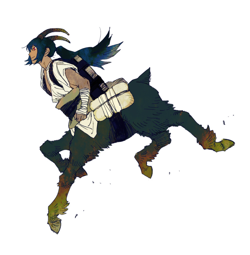 1boy arm_wrap black_fur black_hair blue_hair centauroid closed_mouth dark-skinned_male dark_skin full_body goat_boy goat_horns goat_tail highres hooves horns long_hair looking_to_the_side male_focus monster_boy original ponytail red_eyes running sabyap sidelocks simple_background smile solo taur white_background