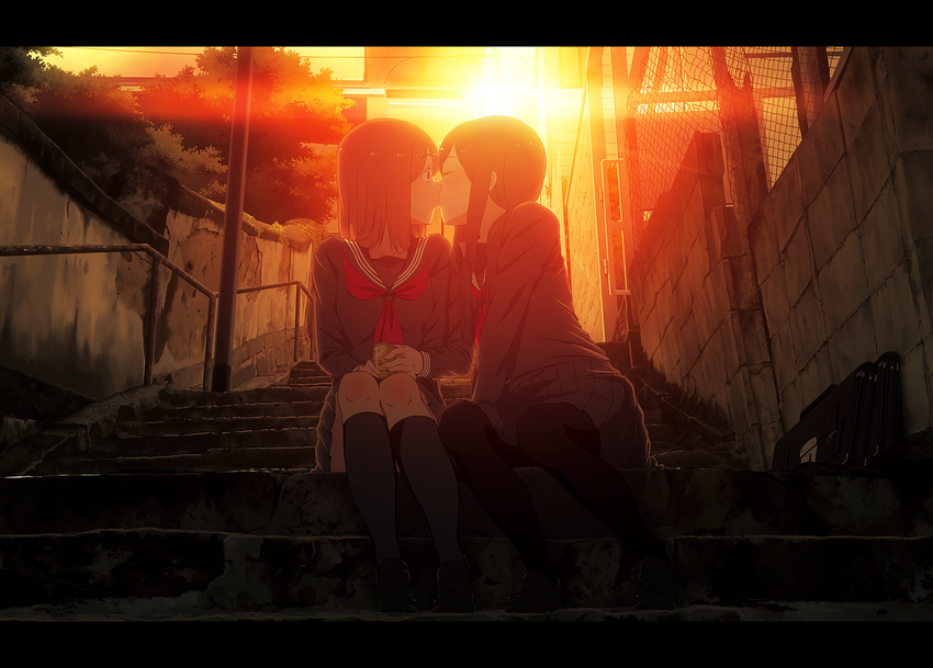 bag bookiti closed_eyes drink highres kiss long_hair multiple_girls original pantyhose school_bag school_uniform serafuku short_hair sitting sitting_on_stairs stairs sun sunset surprise_kiss surprised yuri