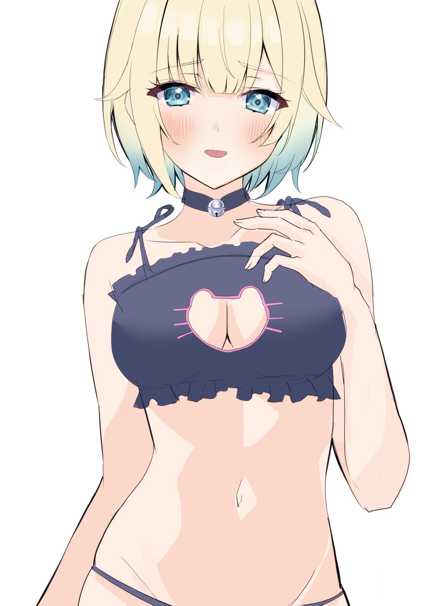 1girl absurdres aizawa_ema arm_at_side bell black_choker black_panties black_shirt blonde_hair blue_eyes blue_hair blush breasts cat_cutout choker cleavage cleavage_cutout clothing_cutout collarbone cowboy_shot cropped_shirt dot_nose furrowed_brow gradient_hair hand_on_own_chest highres large_breasts looking_at_viewer multicolored_hair nakano_kura navel neck_bell open_mouth panties shirt short_hair simple_background sleeveless sleeveless_shirt smile solo stomach underwear virtual_youtuber vspo! white_background