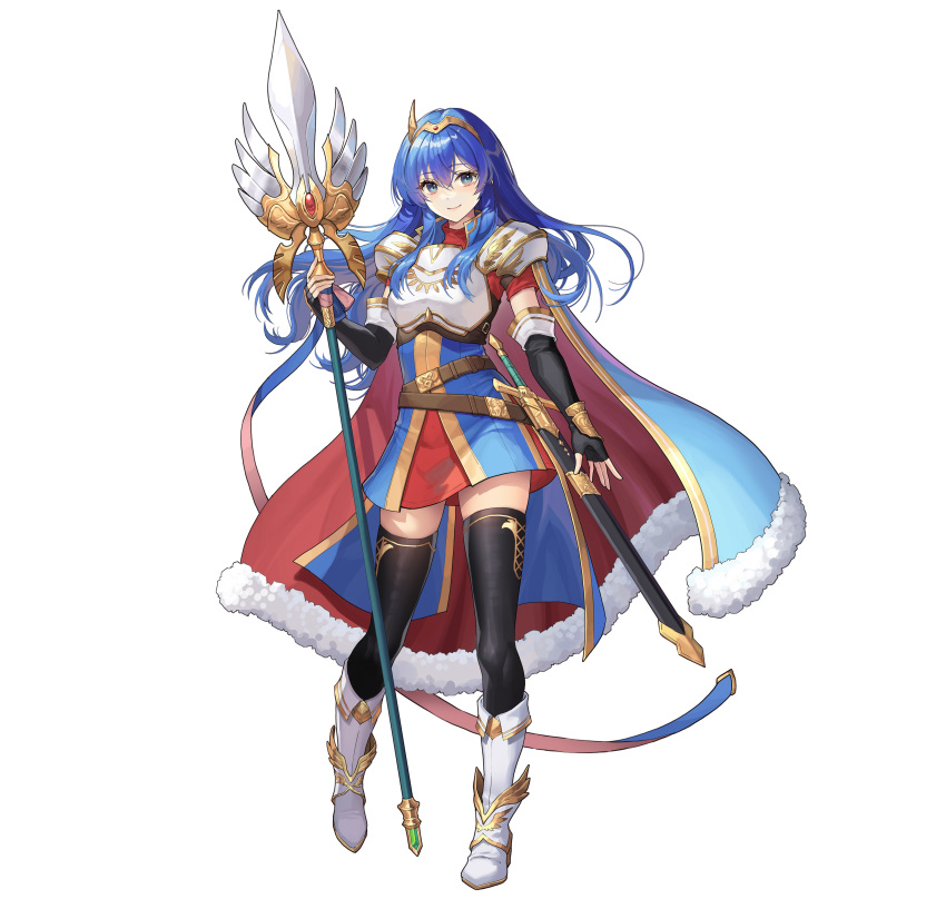 1girl absurdres armor belt blue_eyes blue_hair boots breastplate caeda_(fire_emblem) cape closed_mouth commentary dress elbow_gloves fingerless_gloves fire_emblem fire_emblem:_mystery_of_the_emblem fire_emblem_heroes full_body fur_trim gloves gold_trim highres holding holding_weapon jewelry long_hair looking_at_viewer official_art okuma_mai polearm sheath sheathed short_dress short_sleeves shoulder_armor simple_background smile solo spear standing sword thighhighs tiara weapon white_background zettai_ryouiki