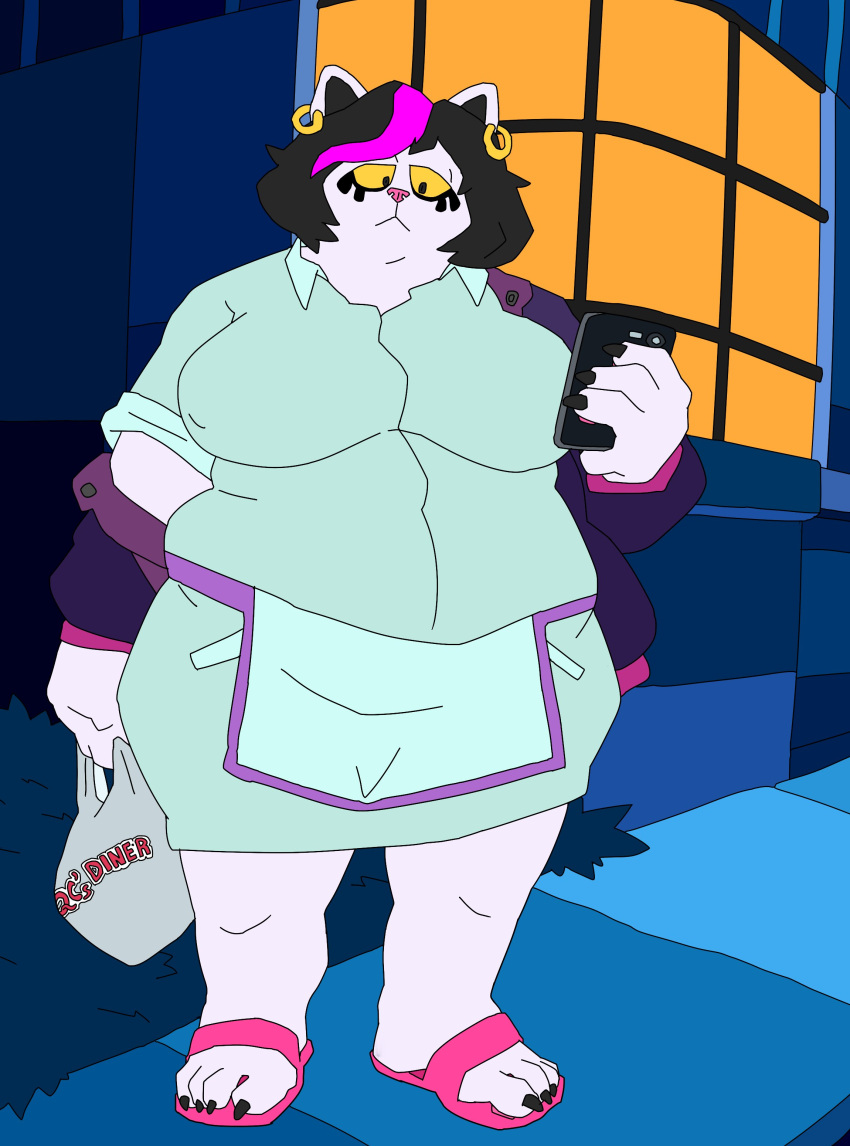 2024 4_toes absurd_res anthro catti_(deltarune) claws clothing deltarune domestic_cat ear_piercing ear_ring electronics feet felid feline felis female flip_flops footwear fur hi_res mammal night overweight overweight_anthro overweight_female peeppepi phone piercing ring_piercing sandals solo toe_claws toes undertale_(series) white_body white_fur yellow_sclera