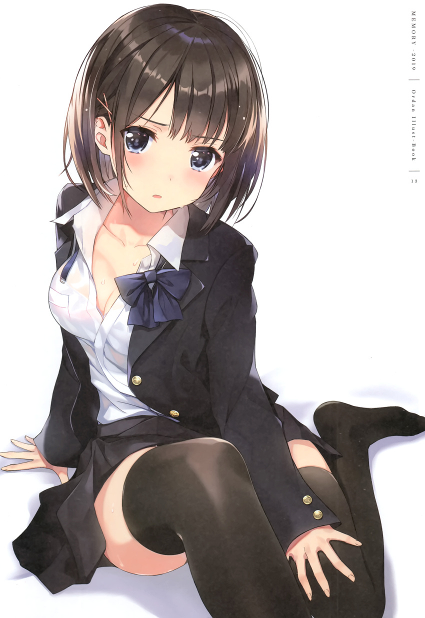1girl absurdres amagai_tarou arm_support black_jacket black_skirt black_thighhighs blazer blue_eyes blush bow bowtie breasts brown_hair buttons cleavage collarbone collared_shirt dress_shirt fingernails hair_ornament hairclip highres jacket long_sleeves looking_at_viewer medium_breasts no_shoes non-web_source open_clothes open_jacket open_mouth original page_number parted_lips pleated_skirt pocket school_uniform shadow shirt short_hair simple_background sitting skirt solo sweat thighhighs wet white_background white_shirt zettai_ryouiki