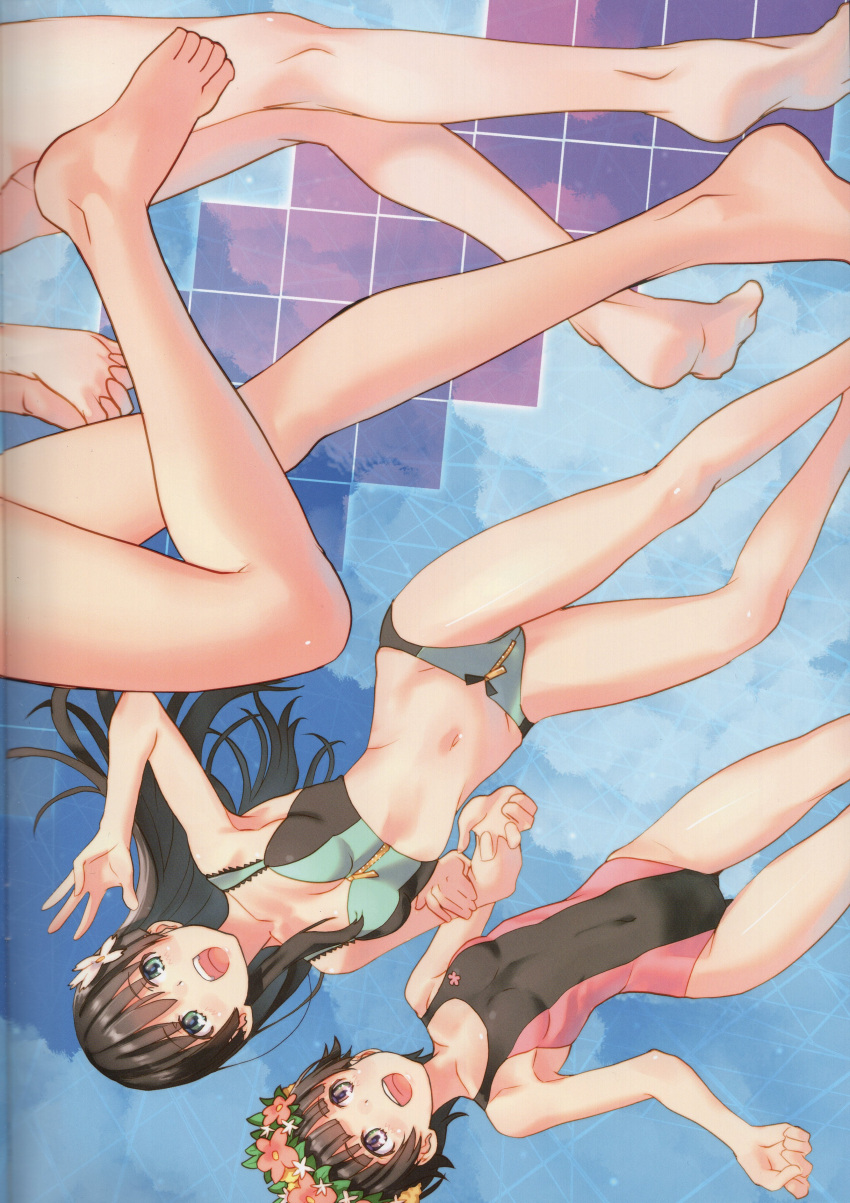 4girls :d absurdres bare_legs barefoot bikini black_hair black_one-piece_swimsuit blue_background blue_eyes breasts competition_swimsuit crease exif_rotation feet flower green_eyes hair_flower hair_ornament head_out_of_frame head_wreath highres legs long_hair multiple_girls navel non-web_source one-piece_swimsuit open_mouth purple_eyes raika9 saten_ruiko scan short_hair small_breasts smile soles standing swimsuit toaru_kagaku_no_railgun toaru_majutsu_no_index uiharu_kazari waving zipper