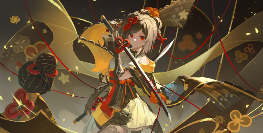 1girl bare_shoulders black_gloves black_hair chiori_(genshin_impact) closed_mouth doll dual_wielding genshin_impact gloves grey_shirt grey_thighhighs hair_ornament hand_up highres holding holding_sword holding_weapon jacket japanese_clothes katana lin_zhi_mao long_hair looking_at_viewer obi orange_jacket red_eyes sash shirt side_ponytail sleeveless sleeveless_shirt solo standing string string_of_fate sword tamoto_(genshin_impact) thighhighs weapon wide_sleeves zettai_ryouiki