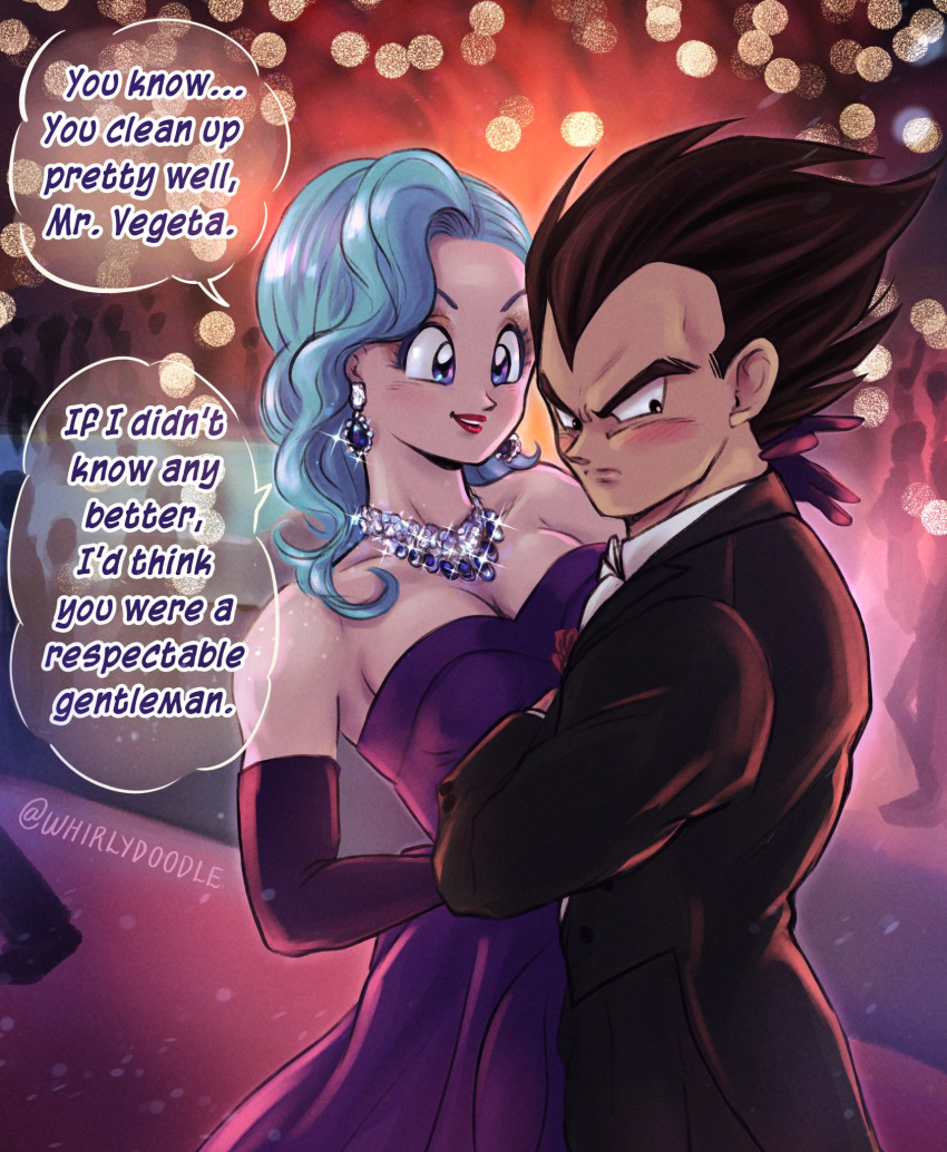 1boy 1girl bare_shoulders black_suit blue_eyes blue_hair bracelet breasts bulma cleavage commentary dragon_ball dragon_ball_z dress earrings elbow_gloves english_commentary english_text eyebrows_hidden_by_hair frown furrowed_brow glint gloves highres husband_and_wife jewelry lipstick makeup medium_breasts medium_hair purple_dress purple_gloves red_lips smile strapless strapless_dress suit tuxedo twitter_username vegeta wavy_hair whirlydoodle