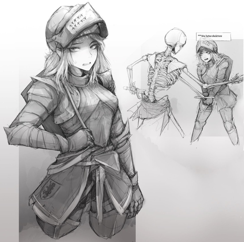 1girl armor breastplate english_commentary english_text faulds gauntlets greaves greyscale helm helmet highres holding holding_sword holding_weapon knight looking_at_viewer medium_hair monochrome open_mouth original oryx.art simple_background skeleton sketch solo_focus sweat sword upper_body weapon