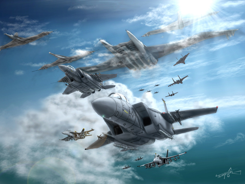 ace_combat ace_combat_6 aircraft airplane cloud f-15_eagle f-18_hornet fighter_jet flying flying_boat garuda_1 highres jet lens_flare military military_vehicle missile no_humans ocean p-1112_aigaion p-1113_kottos signature sky su-33 sun thompson