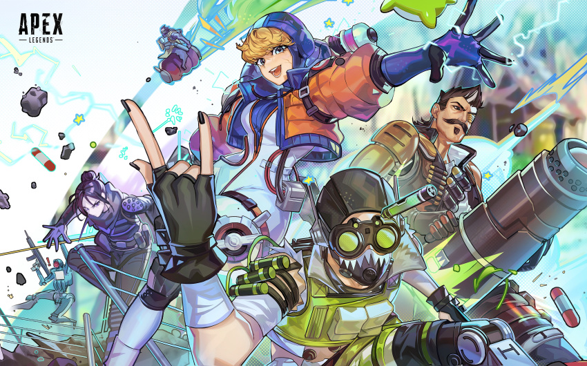 2girls 4boys \m/ absurdres animification apex_legends belt black_belt black_bodysuit black_gloves black_hair black_headwear black_nails blonde_hair blue_bodysuit blue_eyes blue_gloves bodysuit breasts cable caustic_(apex_legends) copyright_name cropped_vest cup electricity facial_hair falling fingerless_gloves frown fuse_(apex_legends) gloves goggles grey_hair hair_behind_ear hair_bun highres holding holding_cannon holding_cup hood hood_down humanoid_robot jacket kings_canyon logo looking_at_viewer mato-c mechanical_legs medium_breasts mug multicolored_hair multiple_boys multiple_girls mustache nessie_(respawn) octane_(apex_legends) one-eyed open_hand orange_jacket pathfinder_(apex_legends) robot rock scar scar_on_cheek scar_on_face single_hair_bun soul_patch streaked_hair thermite_grenade v-shaped_eyebrows vest wattson_(apex_legends) white_bodysuit wide_hips wraith_(apex_legends)