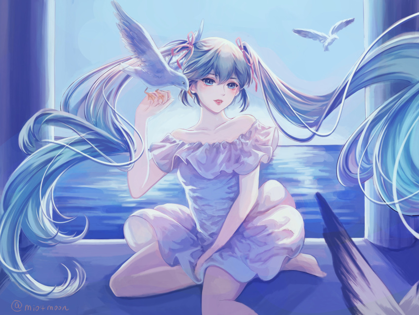 1girl barefoot bird bird_on_hand blue_dress blue_eyes blue_hair blue_sky blue_theme collarbone commentary day dove dress english_commentary feathers floating_hair foot_out_of_frame frilled_dress frills hair_between_eyes hair_ribbon hand_up hatsune_miku highres horizon lips long_hair looking_at_viewer miku_day mio4moon ocean off-shoulder_dress off_shoulder parted_lips pillar pink_ribbon ribbon short_dress sitting sky smile solo strapless strapless_dress very_long_hair vocaloid