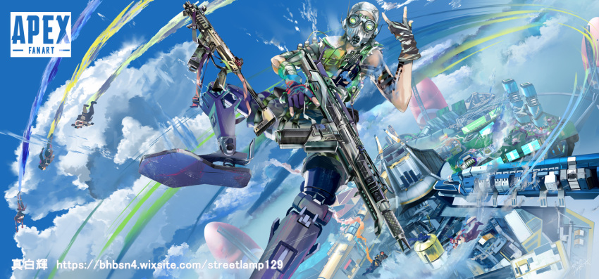 2girls 4boys \m/ apex_legends assault_rifle bandaged_arm bandages black_gloves black_headwear copyright_name fingerless_gloves floating_city gibraltar_(apex_legends) gloves goggles green_vest grey_shorts gun highres holding holding_gun holding_weapon lifeline_(apex_legends) logo_parody looking_at_viewer male_focus mashiro_akira mechanical_legs mirage_(apex_legends) multiple_boys multiple_girls octane_(apex_legends) olympus_(apex_legends) r-301_carbine r-99_smg revenant_(apex_legends) rifle shorts simulacrum_(titanfall) sky solo_focus vest weapon web_address wraith_(apex_legends)