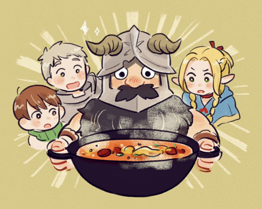 1girl 3boys awestruck beard blush brown_background brown_hair chilchuck_tims dungeon_meshi dwarf elf facial_hair fake_horns happy helmet highres horned_helmet horns incoming_food laios_thorden long_beard marcille_donato milkpurin3718 multiple_boys pointy_ears senshi_(dungeon_meshi) steam stew thick_mustache very_long_beard wok