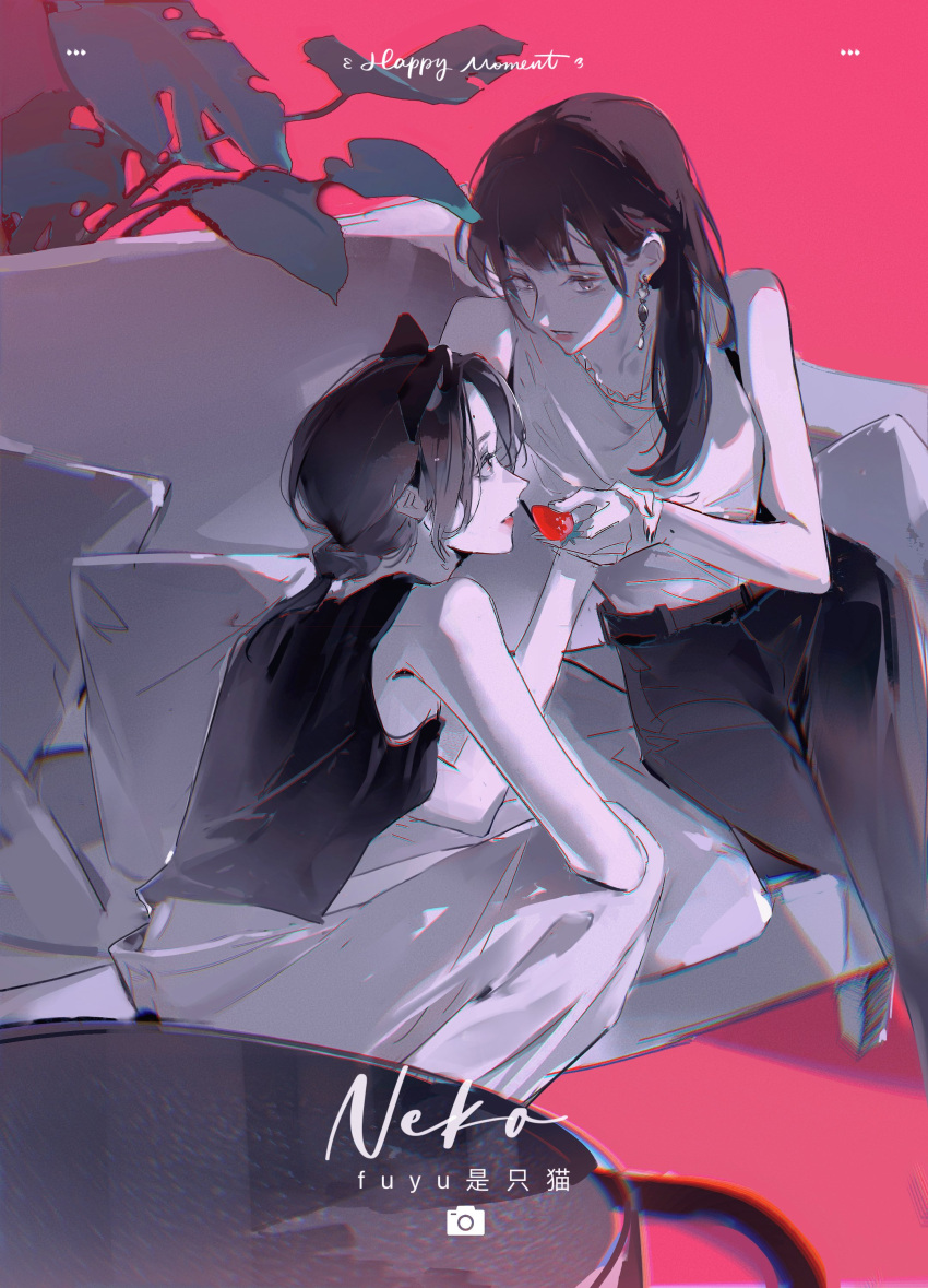 2girls absurdres bare_shoulders black_hair black_pants breasts brown_hair chaser_game_w closed_mouth earrings feeding food fruit hand_on_another's_arm highres holding jewelry long_hair looking_at_another multiple_girls pants parted_lips red_lips shirt sitting sleeveless sleeveless_shirt smile strawberry wife_and_wife yoohu6 yuri