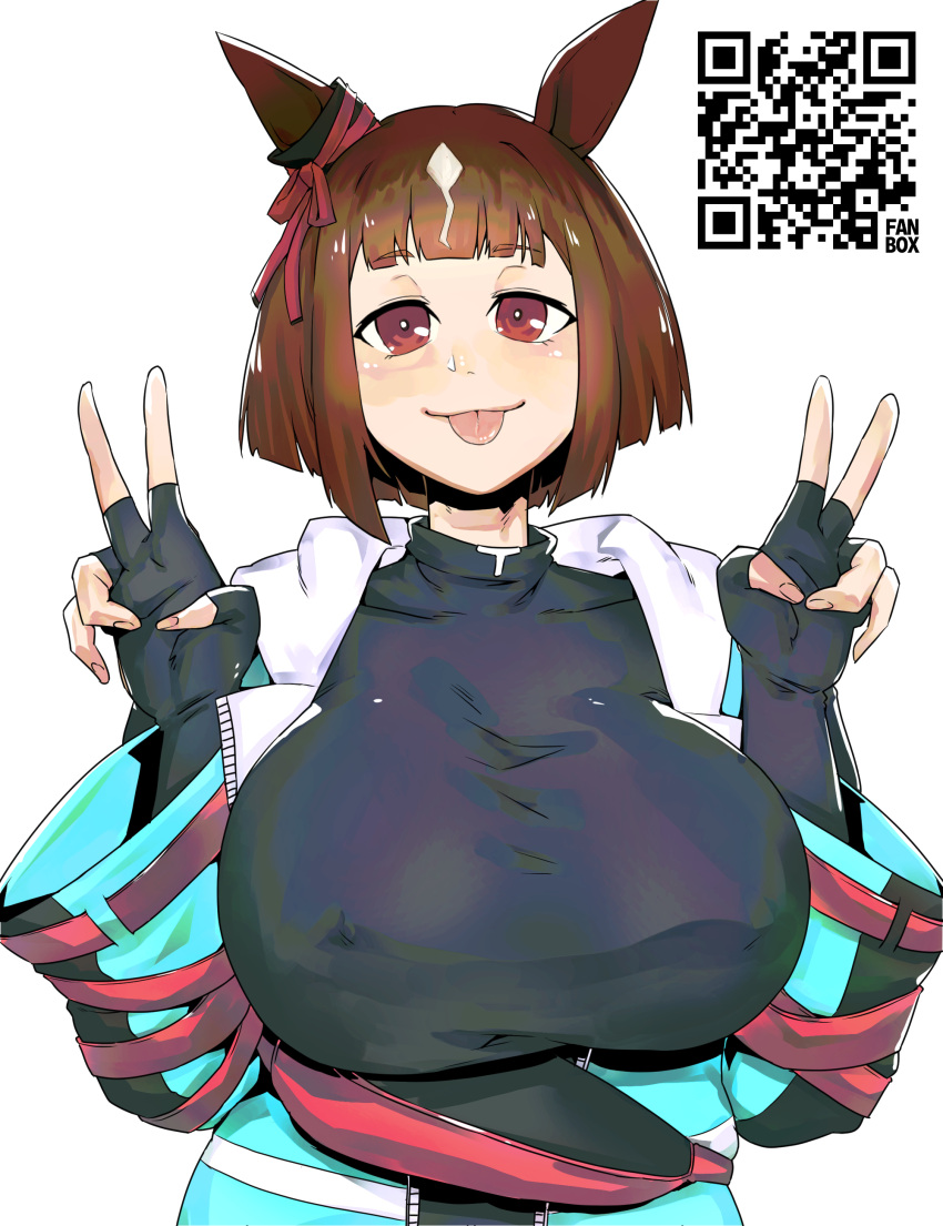 1girl absurdres animal_ears black_sweater blue_jacket breasts brown_hair closed_mouth commentary_request double_v ear_ornament highres horse_ears horse_girl jacket jacket_partially_removed large_breasts long_sleeves minew multicolored_clothes multicolored_hair multicolored_jacket no_eyewear qr_code red_eyes short_hair simple_background smile solo streaked_hair sweater tongue tongue_out transcend_(umamusume) umamusume v white_background white_hair