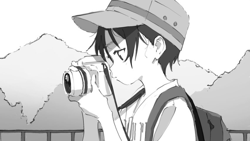 1girl backpack bag baseball_cap camera commentary from_side greyscale hands_up hat highres holding holding_camera kurosaki_honoka looking_ahead messy_hair monochrome outdoors parted_lips piezo profile railing shirt short_hair short_sleeves solo taking_picture two-handed upper_body yama_no_susume