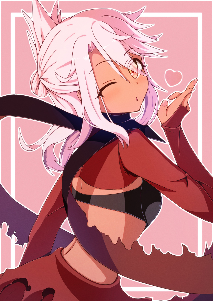 1girl ;o absurdres asymmetrical_hair back black_bra blowing_kiss bra breasts bridal_gauntlets cape chloe_von_einzbern commentary_request dark-skinned_female dark_skin fate/kaleid_liner_prisma_illya fate_(series) fingernails folded_ponytail from_behind hair_bun hand_up heart highres inset_border long_hair looking_at_viewer looking_back one_eye_closed parted_lips peisuto pink_background pink_hair red_cape sidelocks simple_background single_hair_bun solo torn_cape torn_clothes underwear upper_body waist_cape yellow_eyes