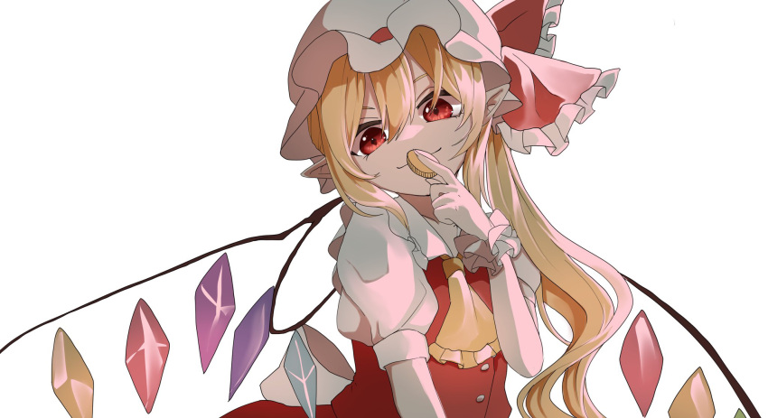 1girl ascot coin crystal_wings flandre_scarlet hand_up hat hat_ribbon highres holding holding_coin long_hair miyangoroge mob_cap pointy_ears puffy_short_sleeves puffy_sleeves red_eyes red_ribbon ribbon short_sleeves side_ponytail simple_background smile touhou upper_body white_background yellow_ascot