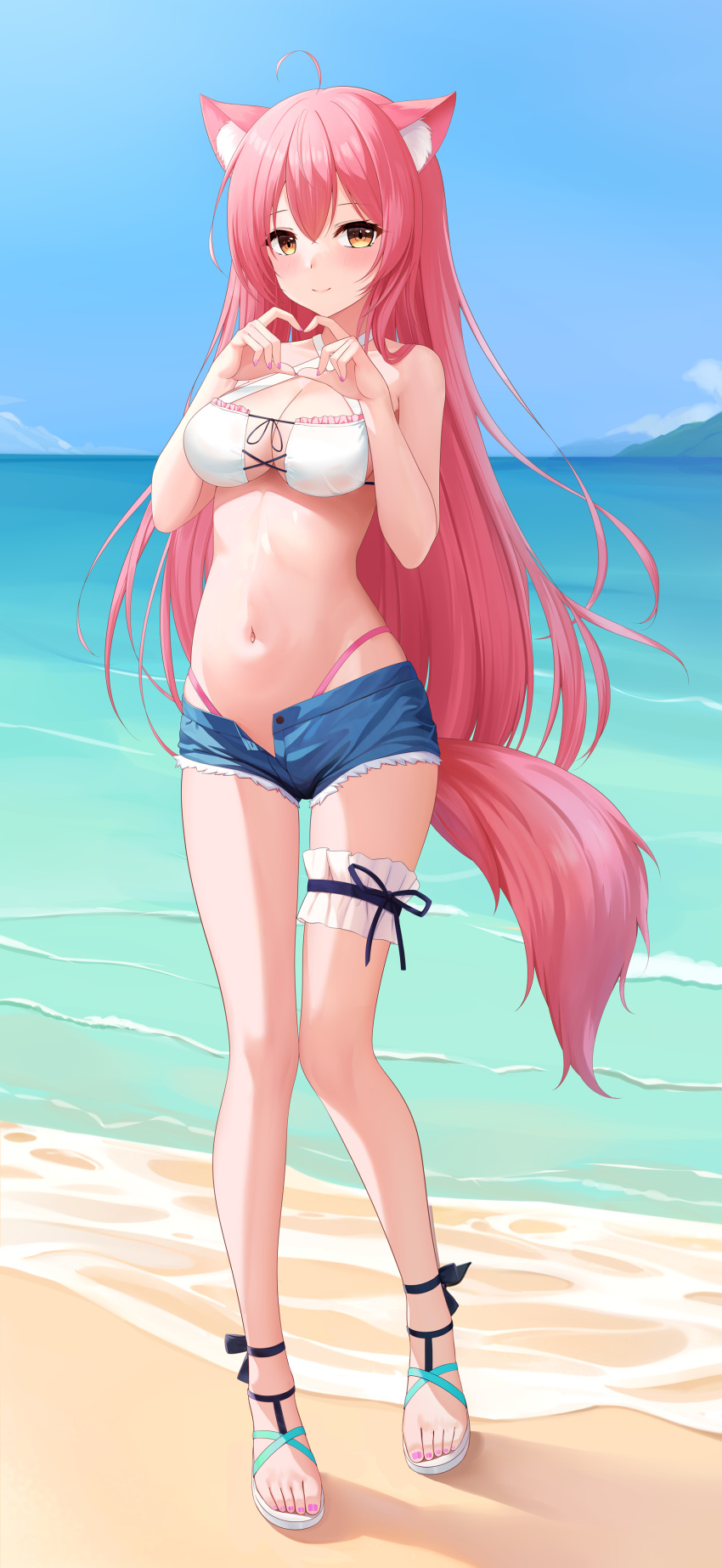 1girl absurdres ahoge animal_ear_fluff bare_legs beach bikini blue_shorts breasts bridal_garter cleavage closed_mouth criss-cross_halter cutoffs denim denim_shorts full_body halterneck hands_up heart heart_hands highleg highleg_bikini highres long_hair looking_at_viewer medium_breasts nail_polish navel ocean open_fly orange_eyes original outdoors pink_hair pink_nails sandals shenqi_(toid310) short_shorts shorts smile solo standing stomach string_bikini swimsuit thighs toenail_polish toenails very_long_hair white_bikini