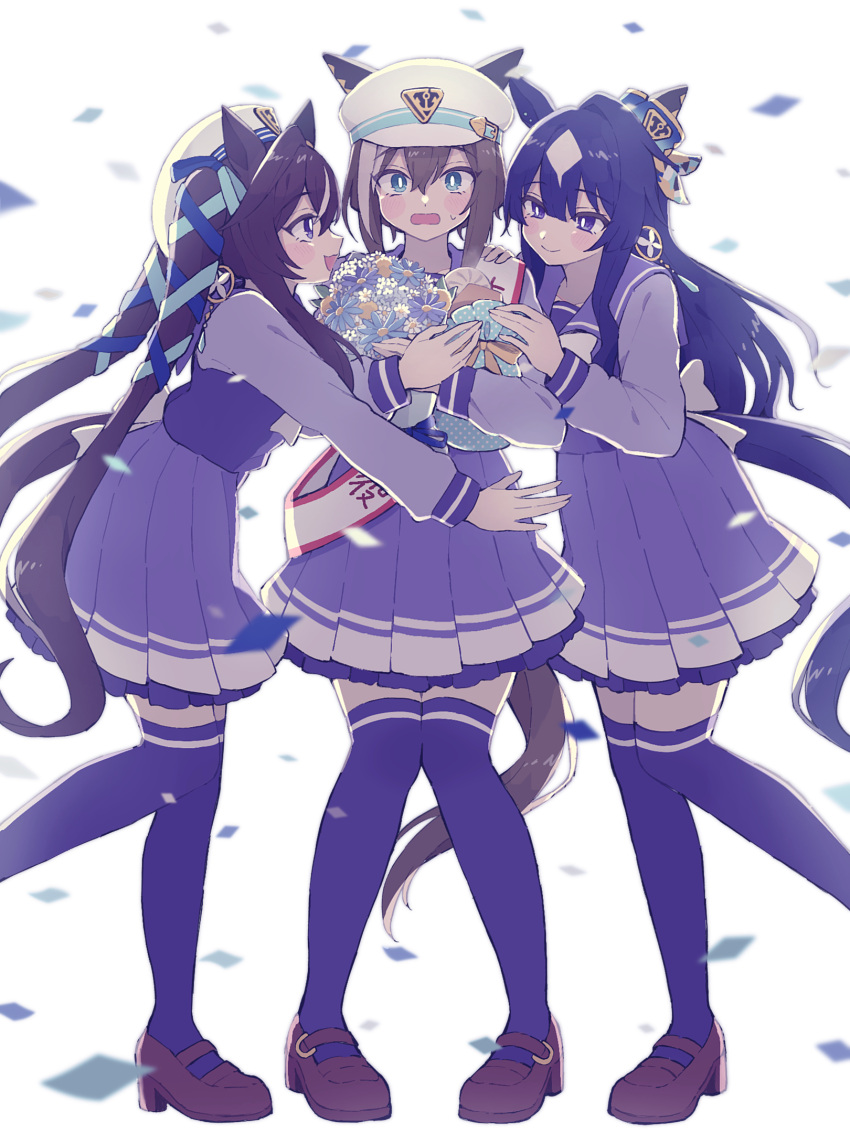 3girls animal_ears black_hair blue_eyes blue_headwear blush bouquet bow breasts bright_pupils brown_footwear brown_hair cheval_grand_(umamusume) commentary_request confetti ear_piercing earrings ears_through_headwear full_body hair_ornament hat highres holding holding_bouquet horse_ears horse_girl jewelry limited_palette long_hair long_sleeves looking_at_viewer medium_breasts multicolored_hair multiple_girls open_mouth piercing pleated_skirt puffy_sleeves purple_bow purple_eyes purple_serafuku purple_shirt purple_skirt rjsn sailor_collar sash school_uniform serafuku shirt short_sleeves simple_background single_earring skirt smile streaked_hair thighhighs tracen_school_uniform twintails umamusume verxina_(umamusume) vivlos_(umamusume) white_background white_bow white_hair winter_uniform
