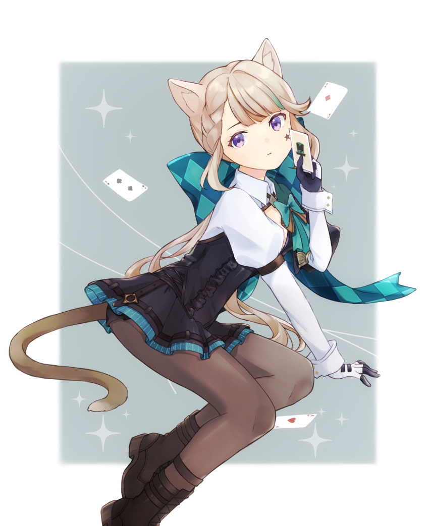 1girl absurdres ace_(playing_card) ace_of_diamonds ace_of_hearts animal_ears black_footwear black_gloves black_leotard boots border bow brown_pantyhose card cat_ears cat_girl cat_tail closed_mouth diamond_(shape) expressionless facial_mark foot_out_of_frame genshin_impact gloves green_bow hair_bow hand_up heart highres holding holding_card iroha_(mimi0618xx) juliet_sleeves leotard light_brown_hair long_hair long_sleeves looking_at_viewer lynette_(genshin_impact) multicolored_hair outside_border pantyhose playing_card ponytail puffy_sleeves purple_eyes solo star_(sky) star_(symbol) star_facial_mark streaked_hair swept_bangs tail two-tone_gloves two_of_clubs white_border white_gloves