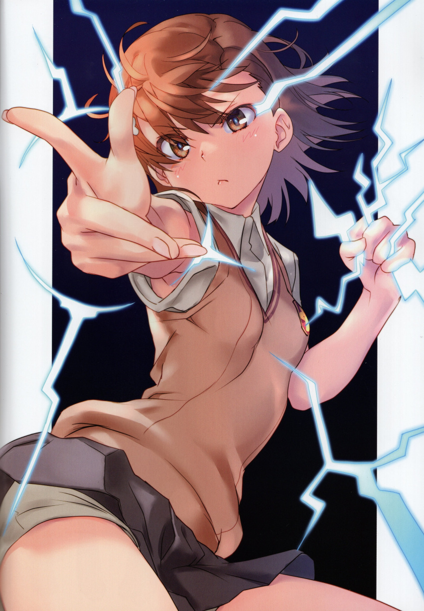 1girl absurdres armpit_peek bob_cut breasts brown_eyes brown_hair brown_sweater_vest brown_vest electricity electrokinesis flower grey_skirt hair_flower hair_ornament highres looking_at_viewer medium_hair miniskirt misaka_mikoto non-web_source pleated_skirt pointing pointing_at_viewer psychic raika9 scan school_uniform shirt short_shorts short_sleeves shorts shorts_under_skirt skirt small_breasts solo summer_uniform sweater_vest t-shirt toaru_kagaku_no_railgun toaru_majutsu_no_index tokiwadai_school_uniform twitter_username upper_body vest white_shirt white_shorts